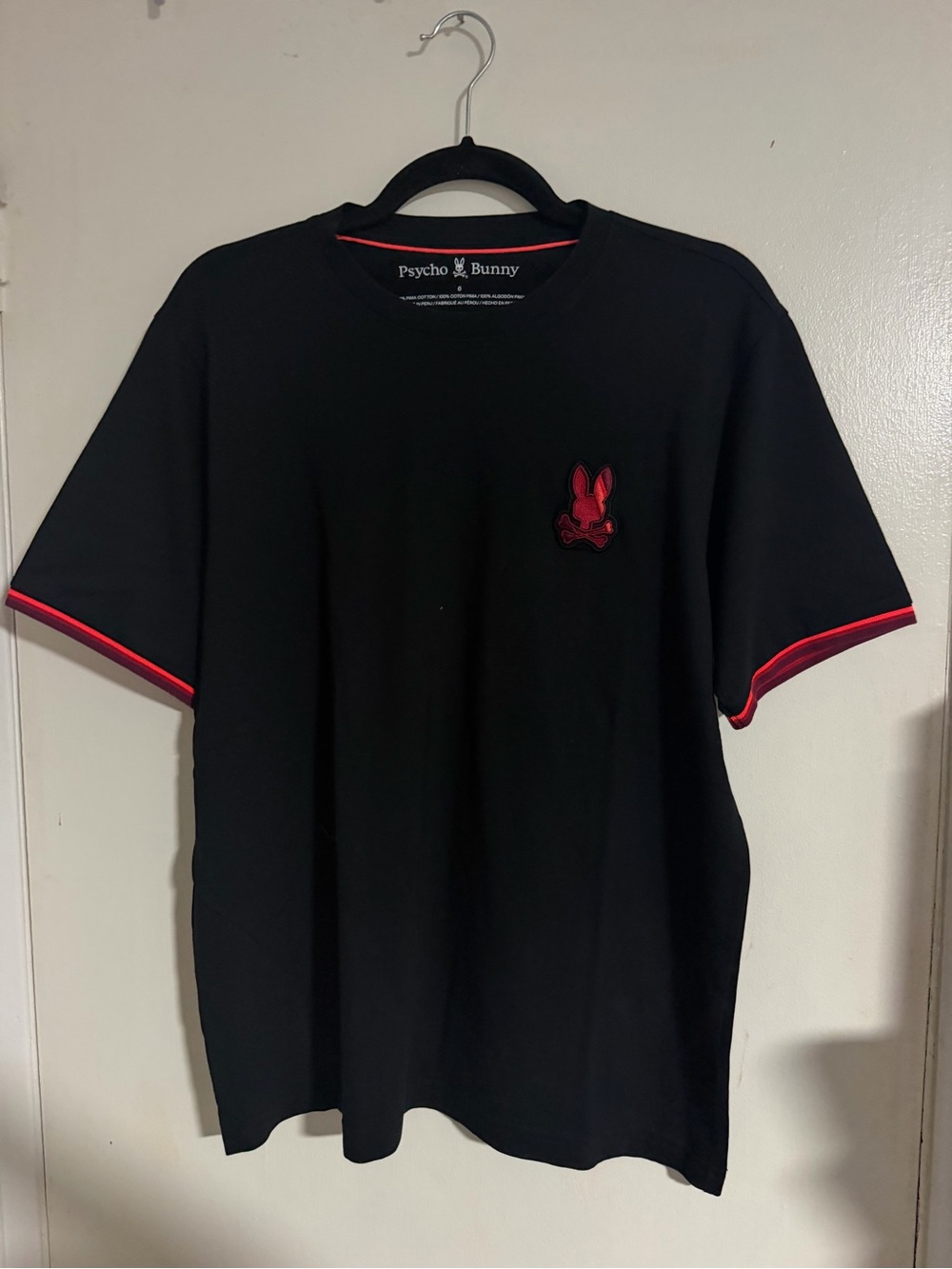 Psycho Bunny Mens Black Pima Cotton T-Shirt Red Tipping Embroidered Logo Size 6